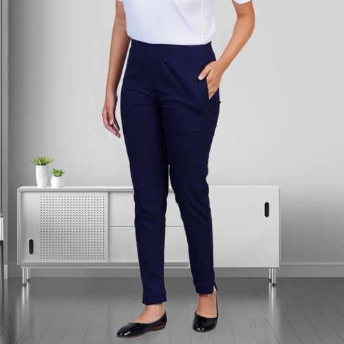 Image of Happy Bunny Cotton Blend Lycra Kurti Pants for Women, Soft 30% Stretch Full Length Trousers with Elastic Waist & Zip Pocket, Ideal for Office, Work, Casual, Home Wear Breathable Slim Fit