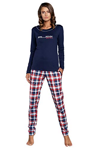 Italian Fashion IF Damen Schlafanzug lang Pyjama Set | Nachtwäsche Hausanzug Langearm Rund Ausschnitt Zweiteiliger Sleepwear M007 (XL, Blau Karierte)