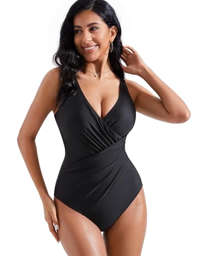RXRXCOCO Womens One Piece Swimsuits Tummy Control Ruched Criss Cross Bathing Suits V Neck Slimming Swimwear3