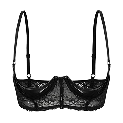FEESHOW Damen Hebe BH Brust Offen Transparente Spitze/Leder Bra Mit Bügel Verführerische Dessous Reizwäsche Oberteile A_Schwarz M