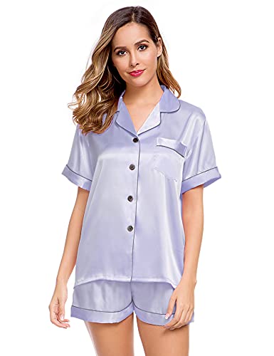 Image of LecGee Womens Silk Satin Pajamas Short Sleeve Loungewear Two-Piece Sleepwear Button-Down Pj Set