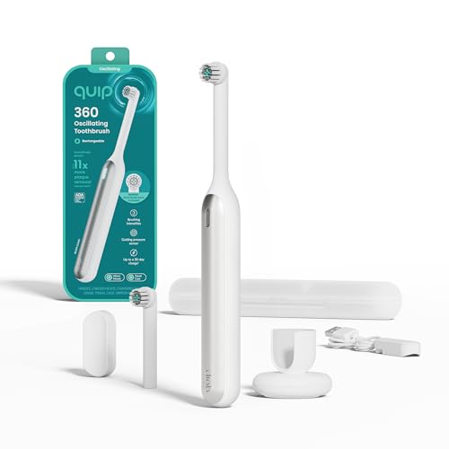 Quip-360-Oscillating-Rechargeable-Electric-Toothbrush-with-Extra-Brush-Head-Soft-Bristles-Pressure-Sensor-3-Intensities-30-Day-Battery-Life-2-Min-Timer-Travel-Case-Mirror-Mount-Silver-Cloud