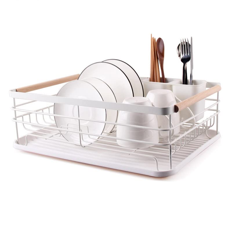 Dish Drying Rack for Kitchen Countertop, Large Capacity Dish Plates Drainer Organizer Shelf with Utensil Holder, Cup,Knives,Spoons and Forks Holder, Space Saving Kitchen Storage(white B)