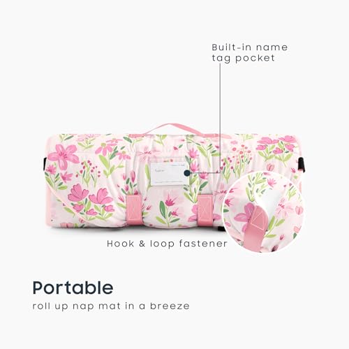 Image of Wake In Cloud - Cot Nap Mat with Pillow and Blanket, for Toddler Kids Girls Ages 3 Plus in Daycare Kindergarten Preschool with Elastic Corner Straps, Floral Botanical Flowers