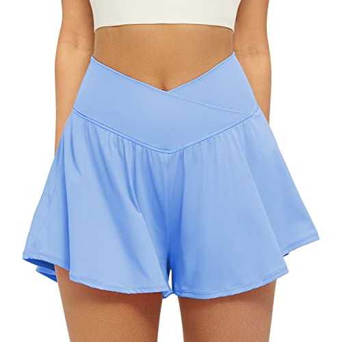 FireSwan Crossover Athletic Shorts for Women 2 in 1 Flowy Running Shorts with Pockets Spandex Butterfly Workout Tennis Skorts Baby Blue