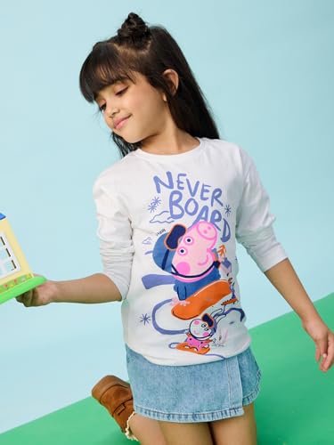 Image of The Souled Store Official Peppa: Never Bored Baby Girls and Girls White Graphic Printed Round Neck Regular Fit Cotton Full Sleeve T-Shirts Girl's Full Sleeve T-Shirts Graphic Tees Cotton Casual