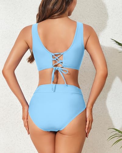 Image of Limeeke Women's High Waisted Bikini Set Twist Front Two Piece Swimsuit Lace Up Tie Back Bathing Suits