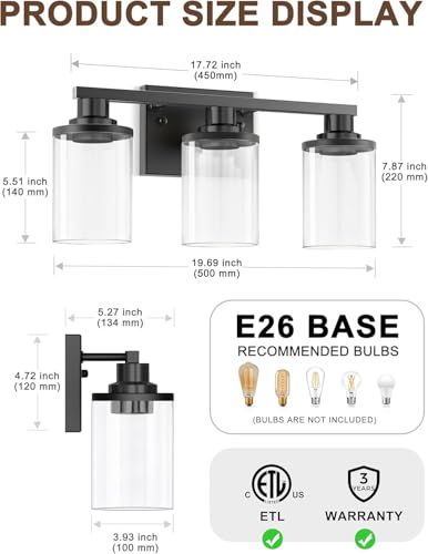 Image of DORESshop Black Vanity Light Fixture for Bathroom 3-Light Modern 20 Inch