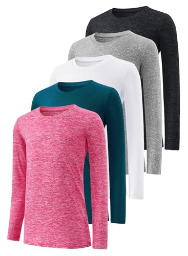 Star Vibe 5-Pack Girls Long Sleeve Athletic Shirts Dry Fit Crew Neck Active Performance T-Shirts for Kids Teens Workout Tops