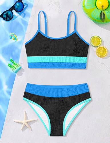 Image of Girls Bathing Suit Color-Block Adjustable Straps Bikini Sets Girls Two Piece Swimsuits with Chest Pad Swimwear 7-18T