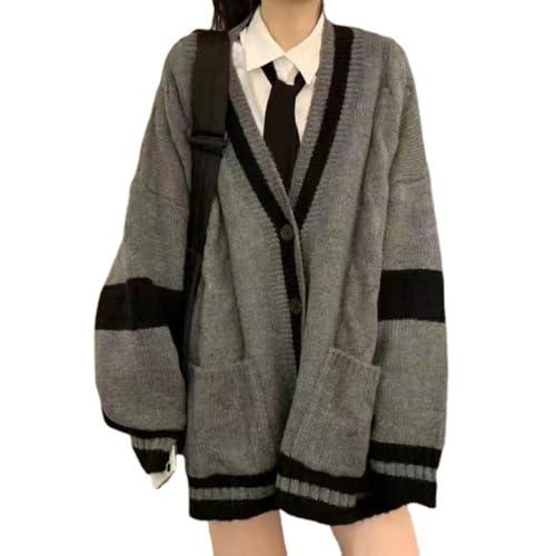 FindThy Women’s V-Neck Cardigan Sweater Preppy Vintage Oversized Long Sleeve Color Block Knit Jacket Coat
