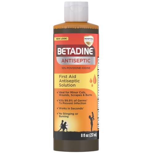 Betadine Antiseptic Povidone Iodine Solution 8 Fl Oz | Kills Germs in Minor Cuts, Scrapes, Burns, Povidone Iodine Liquid, No Sting, No Alcohol or Hydrogen Peroxide