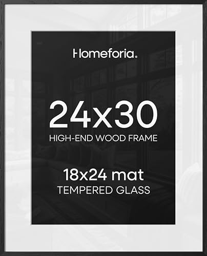 Image of Homeforia Poster Frame 24x30 Black, High End Oak 24x30 Wooden Picture Frames with Mat 18x24 in Photo, 24 x 30 Large Wood Frame Matted to 18 by 24 Print, 30x24 Frame, Tempered Glass, Wall Kit, Set of 1