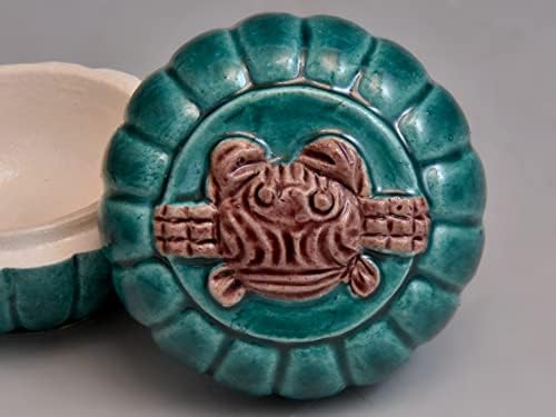 清閑寺窯 三代 杉田祥平（造）青交趾菊蟹香合 共箱 香道具