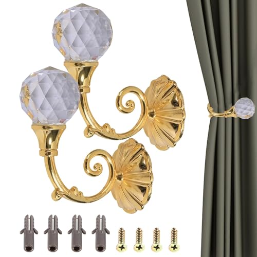 Beufee 2pcs embrasses de Rideaux, Attaches de Rideaux embrasses de Rideaux en métal avec Boule de Cristal Crochet d'embrasse à vis fixé au Mur pour la...