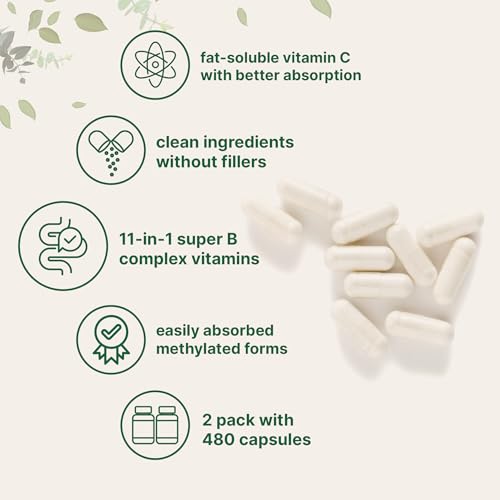 Image of Micro Ingredients 2 Pack Pure Methylated B Complex, 480 Capsules | 11-in-1 Formula with B12, Thiamin, Folate, Inositol, Choline, & Vitamin C | Filler Free | Non-GMO