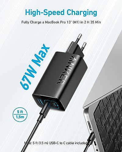 Anker 67W USB C Charger, 3 Port PIQ 3.0 Compact Fast Charger for MacBook Pro, iPad, Galaxy, Pixel, and More (5 ft USB C to USB C Cable Included) - Afbeelding 3