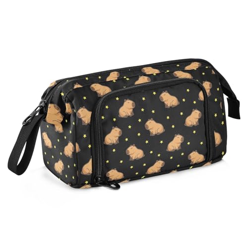 Image of Capybara Stars Black Pencil Case Pouch Big Capacity Pencil Bag Box Organizer Pen Case with Compartmens Stationery Organizer for Girls Boys Adults Women School Office