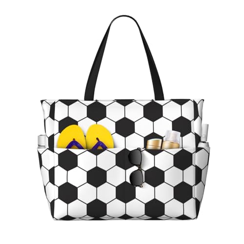 Soccer Ball White And Black Oversized Beach Tote With Zipper Pockets – Lightweight, Washable, And Spacious Travel Bag, Beach Vacation Essentials For Women