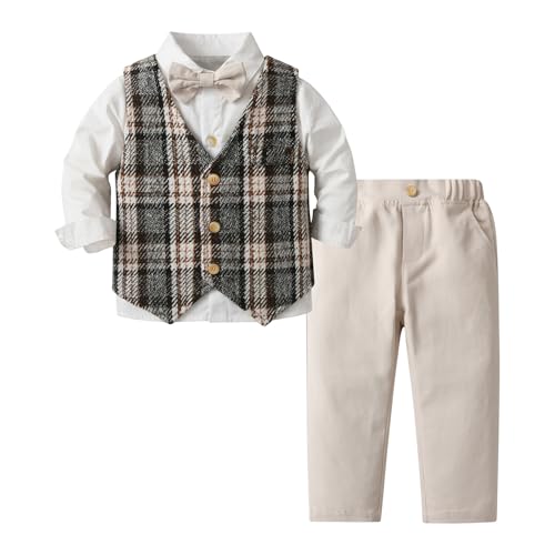 Boys Suit 4 Piece Plaid Vest Shirt Elastic Waist Pants Set with Bowtie 1-8Y