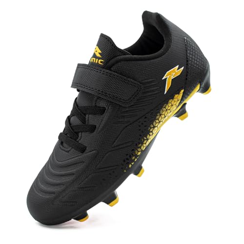 RUNIC Kids Soccer Cleats for Boys and Girls - Small and Big Kid Athletic Outdoor Football Shoes - Firm Ground - Hook and Loop Closure - Black/Gold - 2
