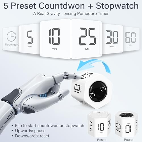 Image of Rotating Pomodoro Timer 5, 25, 10 30,60 Mins Preset Stopwatch, Desk Flip ProductivityTimer, ADHD Tool Hexagon, Vibration /Mute /Alarm, for Work, Study, Back to School, Kitchen, White