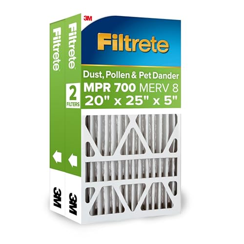Filtrete 20x25x5 Air Filter, MPR 700, MERV 8, Clean Living Dust, Pollen and Pet Dander Reduction Pleated 5-Inch Air Filters, 2 Filters, White