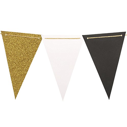 Ling's moment 10 Feet Paper Flag Banner, Triangle Banner Flags, Vintage Style Pennant Banner, Black & Gold Pennant Flags for Graduation, Wedding, Baby Shower, Event & Party Supplies, 15pcs Flags