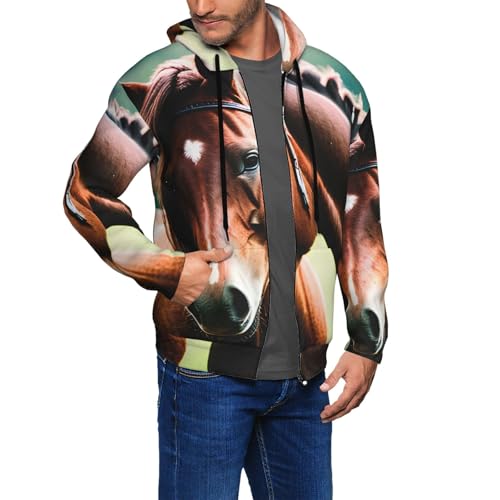 Sweat à capuche extensible pour homme avec motif deux chevaux pour l'automne et l'hiver