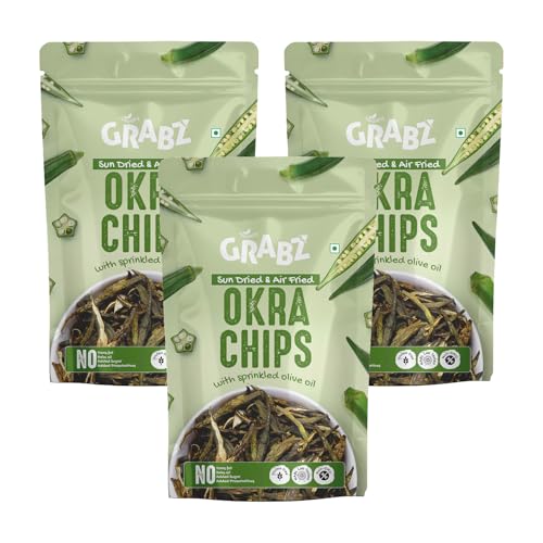 Image of GRABZ Crispy Bhindi Okra Chips| Air-Cooked, Solar-Dehydrated | Low Calorie Snacks - Roasted , Namkeen - No Transfat Diet| Gluten Free, Low Gi, No Cholesterol & Dried Vegetables chips | High Fiber, Olive Oil & Spicy Garlic Masala Flavor | 20g Each (Pack of 3)