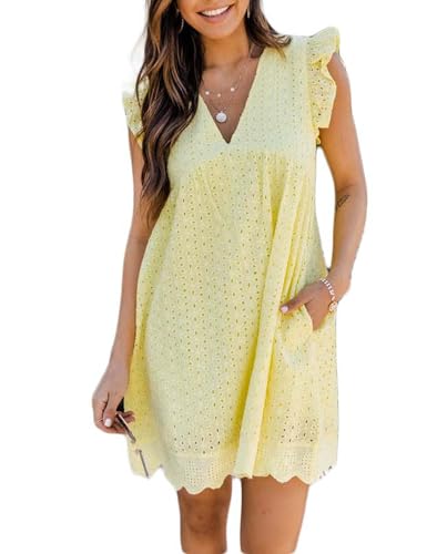 Image of Women's Summer Dress with Built in Shorts Sexy Summer V Neck Ruffle Sleeve Lace California Romper Dresses for Women