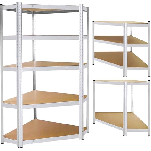 SPRINGOS Étagère d’Angle Métal 124 x 180 x 90 cm, 5 Tablettes MDF Solides, Étagère Lourde, pour Garage, Cave, Atelier, Rangement Stable, Facile à Monter