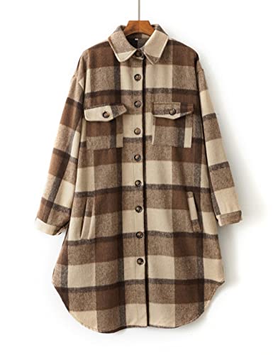 Esmeling Womens Plaid Shacket Brushed Flannel Shirt Jacket Mid Long Wool Blend Tartan Coat4