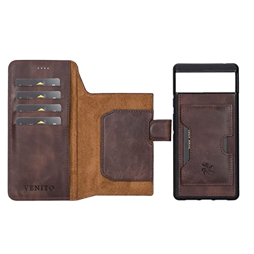 Venito Florence-Flex RFID Blocking Leather Wallet Case Compatible with Google Pixel 6 - Non-Magnet Slide in Detachable Wallet Case - Antique Brown (Coffee Brown)3