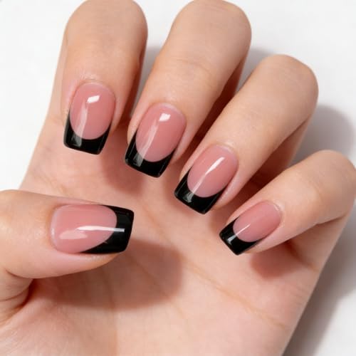 Handmade Press on Nails Black French Tip False Nails with Designs Solid Color Luxurious Thickened Short Square Fake Nail Full Cover Muti-Layer Gel Acrylic Nails Stick on Nail for Women（S) — view 4