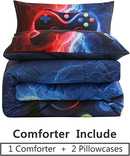 Meeting Story Gamer Gaming Bedding Sets Red-Blue Lightnings Gamepad Comforter Set For Boys Games Console Action Buttons Novelty Colorful Modern Room Decor Home Quilt Set (Red-Blue, Full) #TOP5
