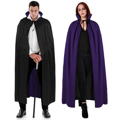 AOOWU Halloween Kostüm Umhang, Damen Vampir Cape, Vampir Umhang mit Kragen, Umhang Schwarz Lila Doppelseitig, für Erwachsene, für Halloween Weihnachten Karneval(150CM)
