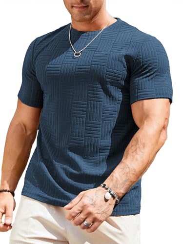 Image of JMIERR Mens T-Shirt Casual Stretch Solid Crewneck Short Sleeve Tees Textured Shirts