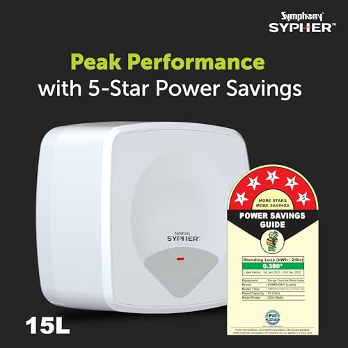 Image of Symphony SYPHER 15 Litre Storage Water Geyser | BEE 5 star Rating Water Heater | 2KW Heating | Glassline Tank | 8 Bar Pressure Compatibility | Warranty: 7 Yr Tank, 3 Yr Heating element, 2 Yr Product