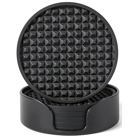 Silicone Coasters for Drinks, Set of 6 Drink Coasters with Holder for Table Protection, Grooves Design, Anti Slip, Nonstick, Stain-Resistant, Dishwasher Safe, Black Coasters for Coffee Table Décor Cover