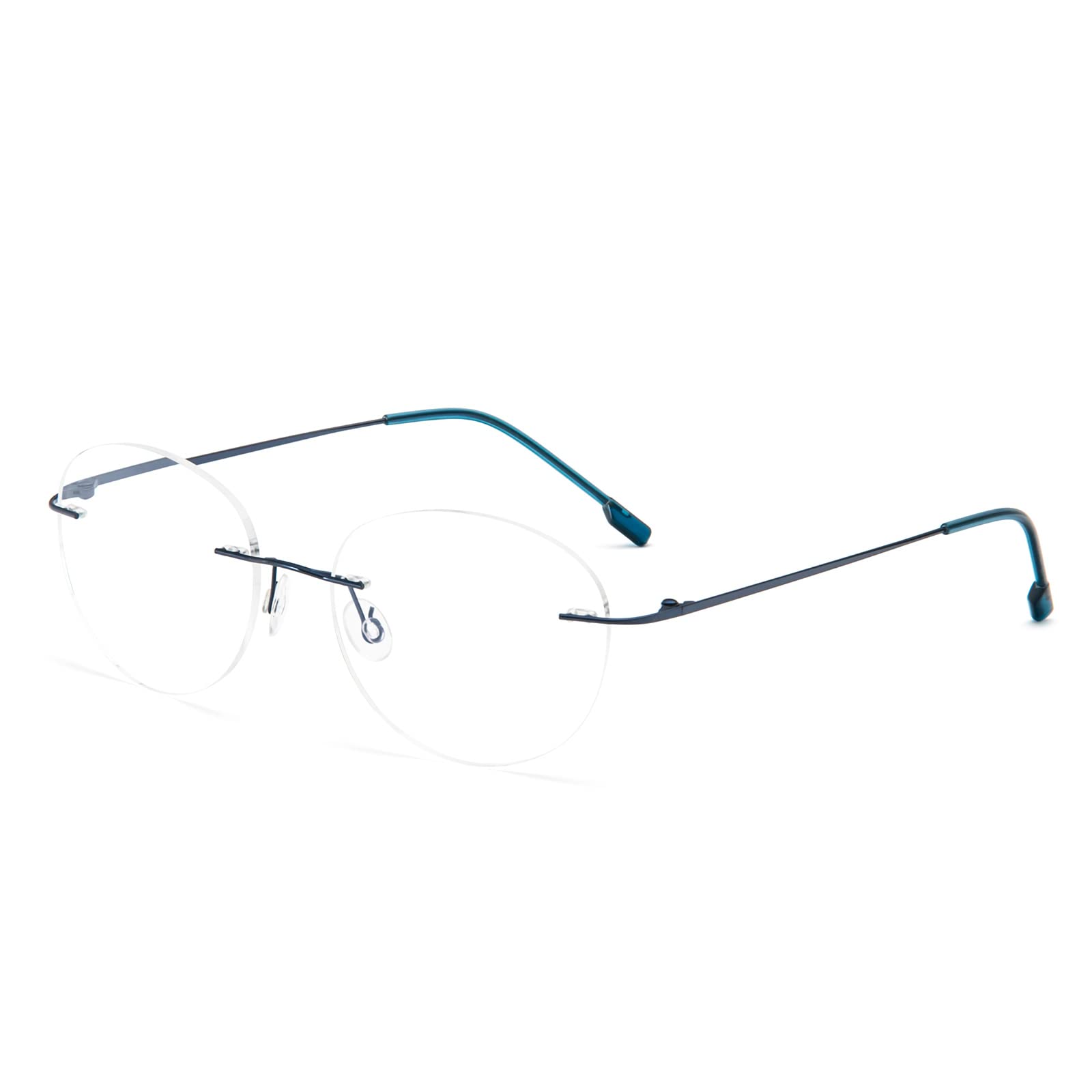 MMOWW Circular Gafas de lectura sin Marco Gafas Aleación Titanio Ultraligeras Para Hombres y Mujeres, Gafas de Computadora de Ayuda con lente de Resina (Azul, +2.0)