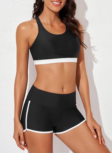 Image of Aleumdr Womens Athletic 3 Piece Tankini Swimsuits with Shorts Swim Tank Tops with Sports Bra and Boyshorts Bathing Suits