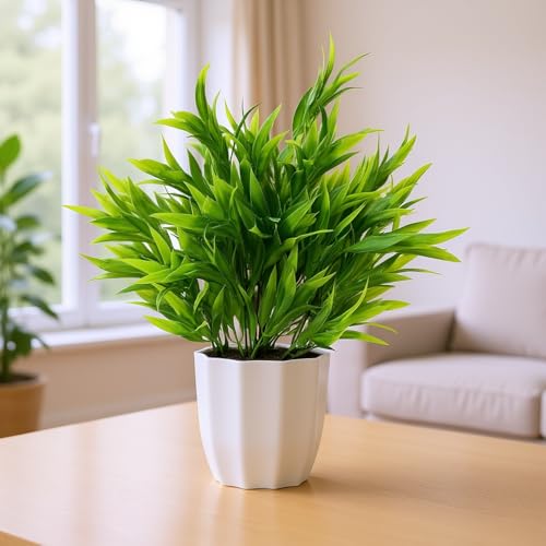 Image of fancymart Plastic Artificial Plant Bamboo Leaves Bunch in Pot - 32 cm Height | Elegant Home & Office Decor | Realistic Greenery for Indoor Decoration