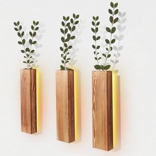 Wood Wall Planter with LED, Wall Hanging Wooden Flower Vase, Wooden Pocket Vases Hanging Planters for Dried Flower and Artificial Greenery Indoor Wall Vase for Home Decoration