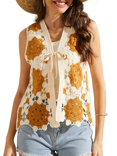 Women's Boho Crochet Vest Lightweight Sleeveless Summer Cardigan with Tie Front Hollow Knit Cover Up