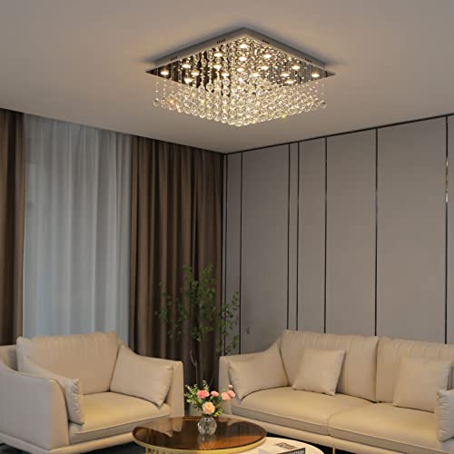 7Pm Modern Crystal Chandelier, Large Living Room Ceiling Light, Square Raindrop Chandeliers With Top K9 Crystals, 24 Lights Flush Mount Fixture For Dining Room Kitchen Bedroom, L31.5 Xw31.5 Xh13 #TOP2