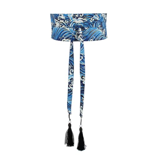 Wide Self Tie Wrap Around Belt Japanese Kimono OBI Print Waist Band Cinch Belt with Tassel for Women