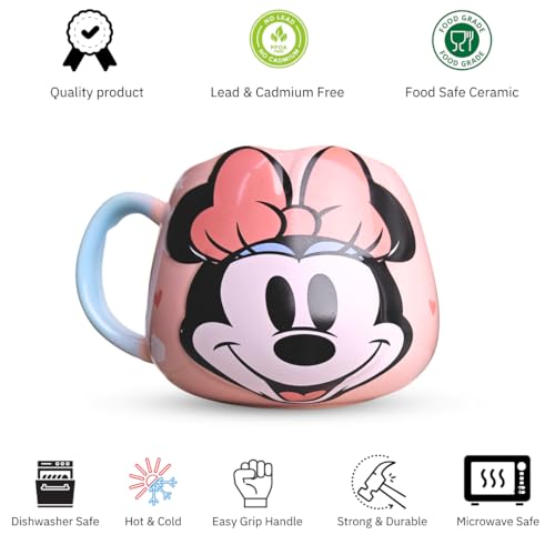 Image of Clay Craft Minnie Mouse Ceramic Milk Mug, Pink, Glossy Finish, Microwave Safe, 500 ml, Round, Modern Style