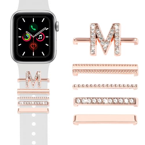 MWOOT 5 Stück Armband Charm Kompatibel mit Apple Watch Series 10 9 8 7 6 5 4 3 2 1 SE Band, Dekorative Ringe und Schlaufen (ohne Armband), Buchstabe M