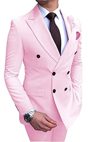 2 piezas de ajuste regular traje de los hombres de doble botonadura muesca solapa novio esmoquin chaqueta pantalones de negocios traje de boda, rosa, 50 Cover